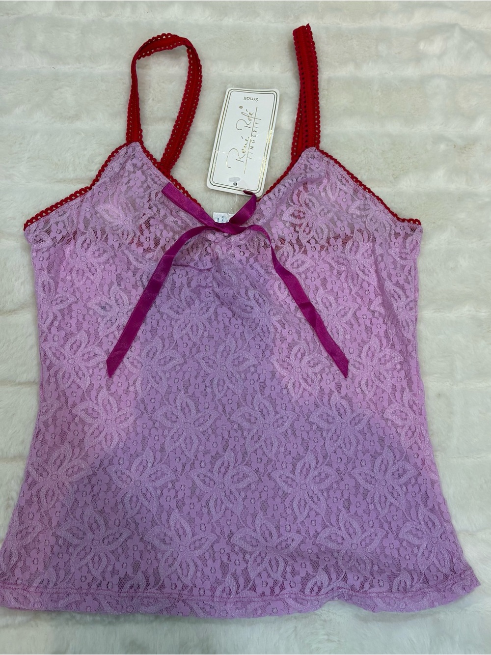 Rene Rofe Pink Lace Chemise with Red Trim